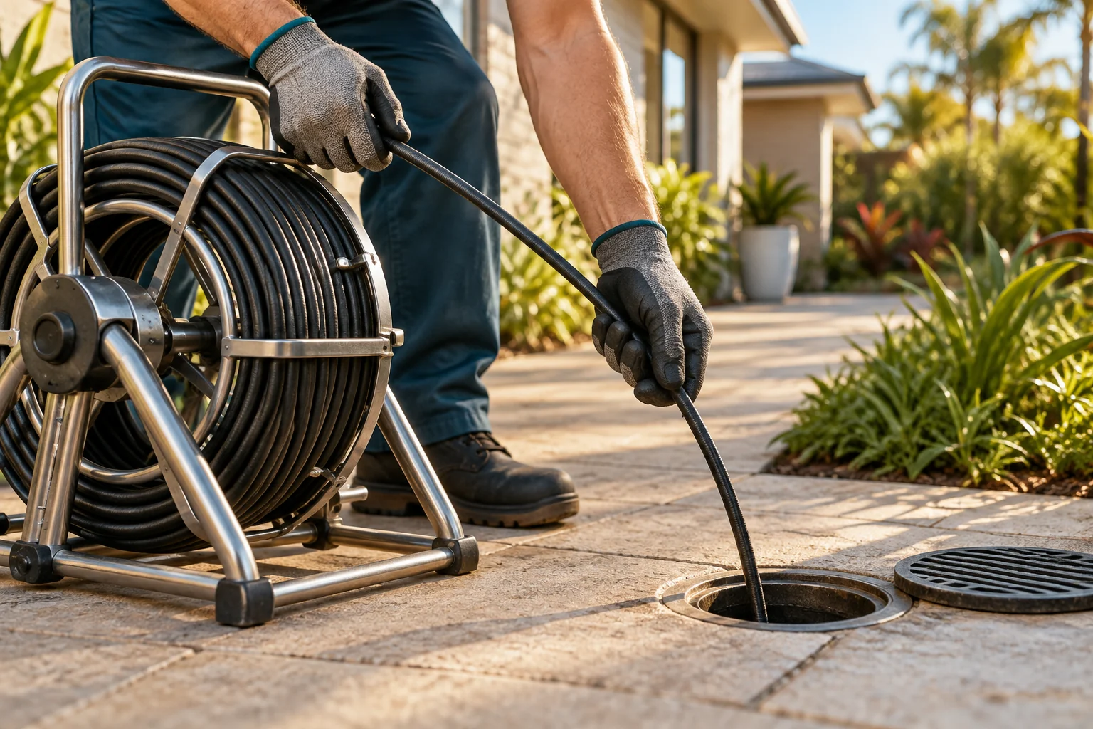 Drain inspection cable and equipment beside an Australian home