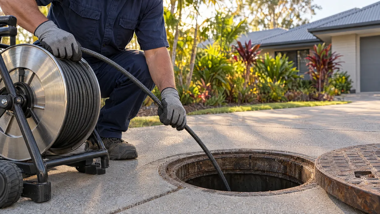 Plumber feeding a drain cleaning cable from a reel into an open sewer inspection opening in a driveway