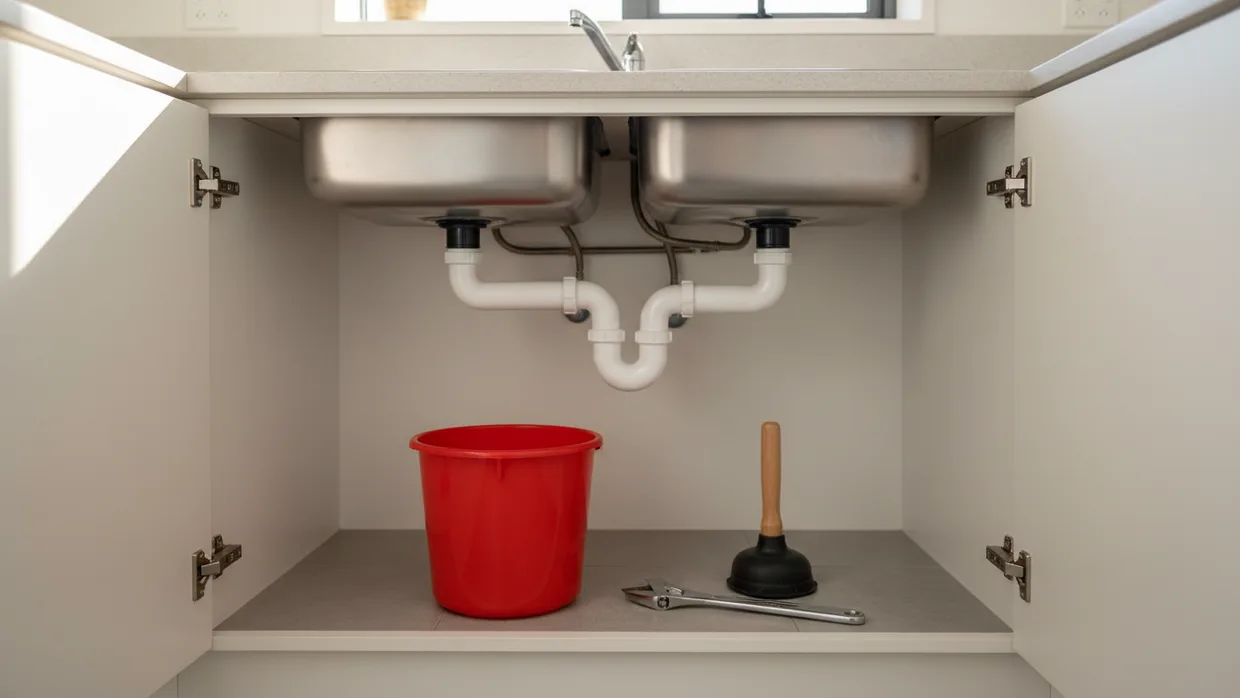 Open cupboard under a double kitchen sink showing the white waste trap, with a bucket, a cup plunger and a wrench below