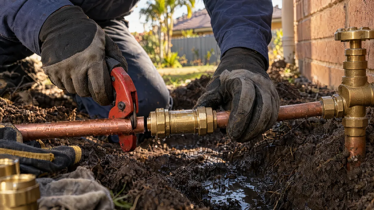 Split copper water pipe being repaired with a brass coupling in wet ground