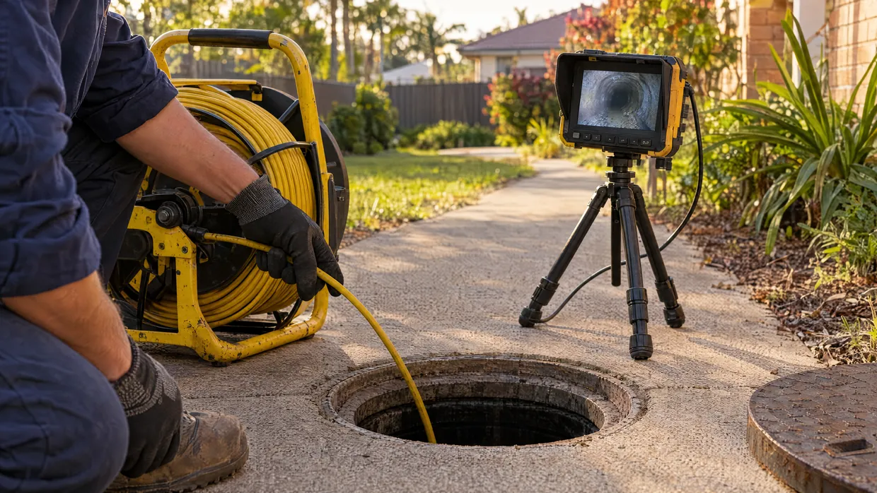 Drain inspection camera reel and monitor set up beside an open drain access opening