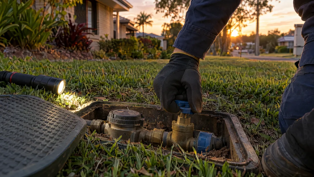 Hand turning the main water isolation valve at a residential water meter at dusk