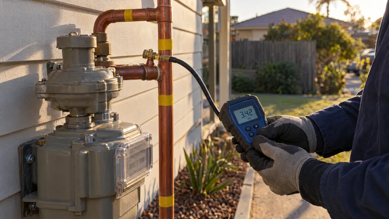 Digital manometer connected to a residential gas meter and copper gas pipework