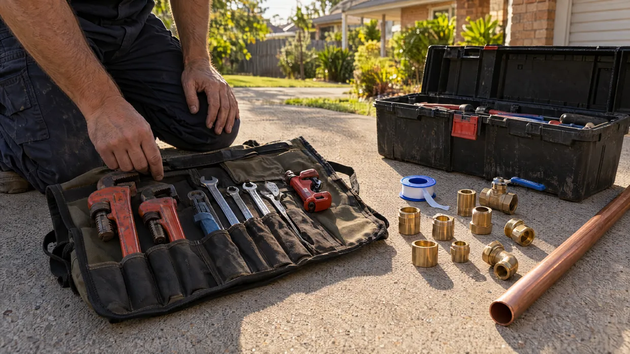 Plumber\'s tool roll and toolbox laid out with wrenches, brass fittings and a length of copper pipe