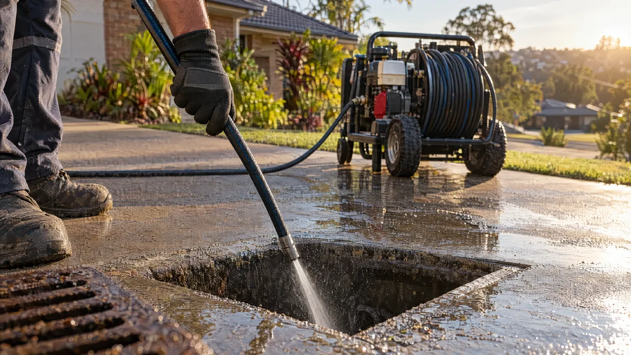 High-pressure water jetting hose directed into an open drain, with a jetting machine behind
