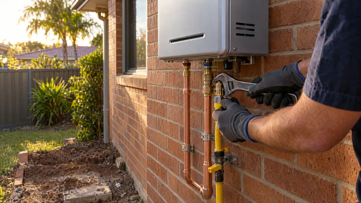 New continuous-flow hot water unit being connected on an exterior brick wall
