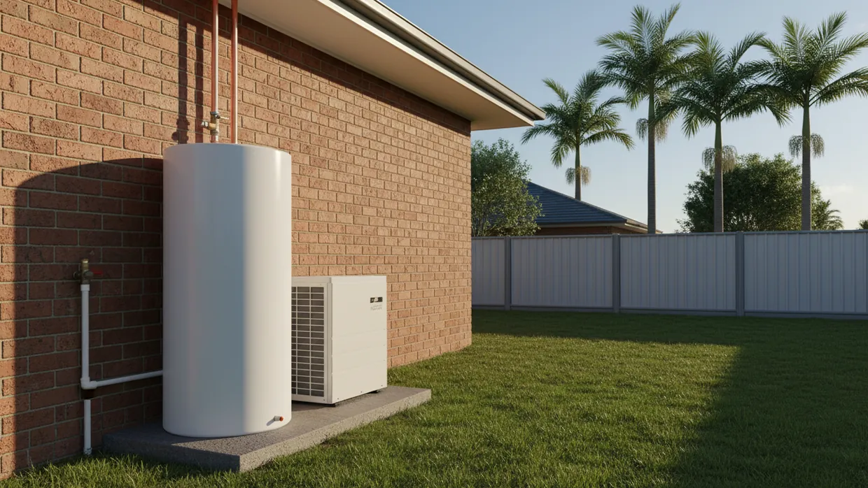 A white hot water storage tank and its heat pump unit on a concrete slab beside the brick wall of a Queensland house