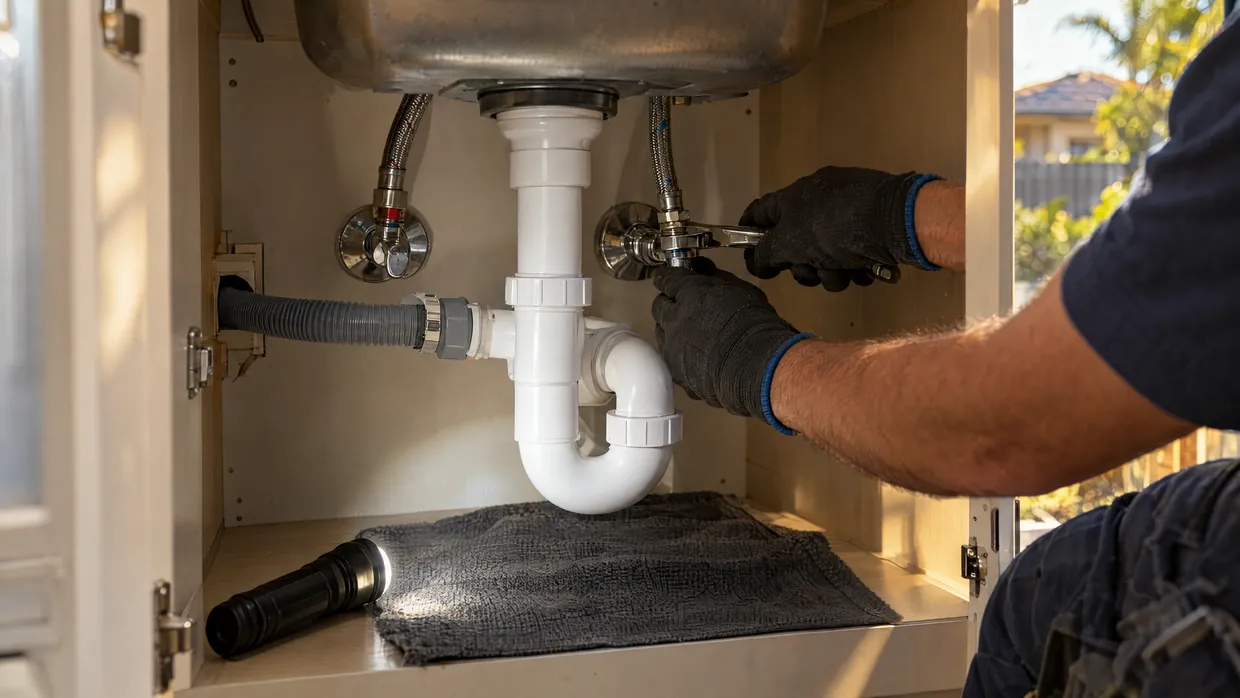 Under-sink plumbing with a waste trap and braided supply hoses inside a kitchen cabinet
