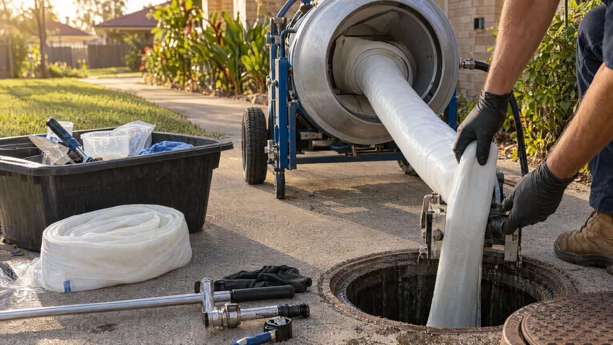 Pipe relining liner being fed into an inversion drum at an open drain access point