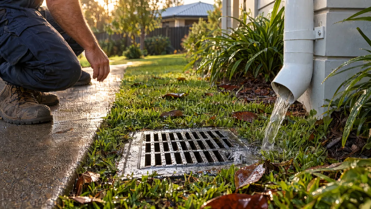 Water running from a downpipe into a stormwater grate beside a lawn